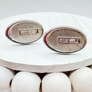 Vintage MCM Mid Century Modern Oval Cufflinks Baguette Rhinestones Silver Tone T